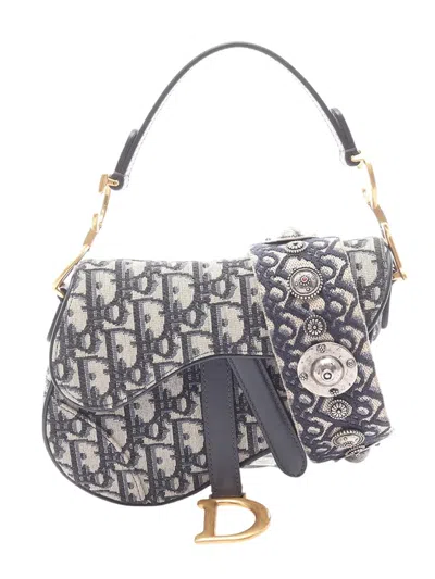 Pre-owned Dior 2010-2026 Mini Oblique Canvas Saddle Bag Satchel In Blue