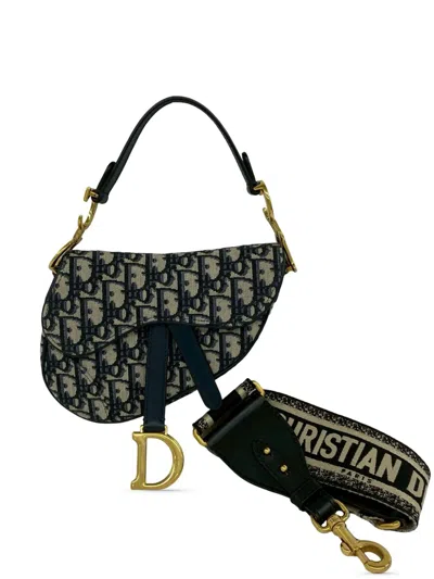 Pre-owned Dior 2010-2026 Mini Oblique Canvas Saddle Bag Satchel In Blue