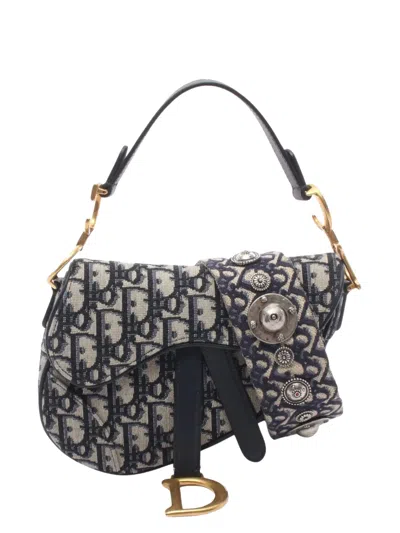 Pre-owned Dior 2010-2026 Mini Oblique Canvas Saddle Bag Satchel In Blue
