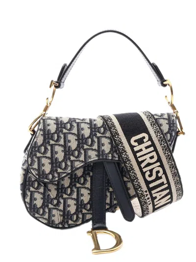 Pre-owned Dior 2010-2026 Mini Oblique Canvas Saddle Bag Satchel In Blue