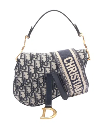 Pre-owned Dior 2010-2026 Mini Oblique Canvas Saddle Bag Satchel In Blue