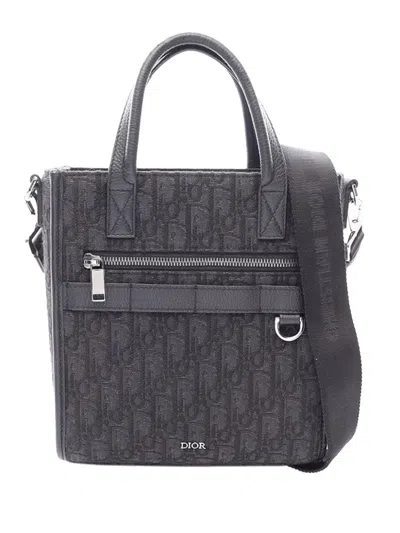 Pre-owned Dior 2010-2026 Mini Oblique Canvas Safari North-south Tote Satchel In Black