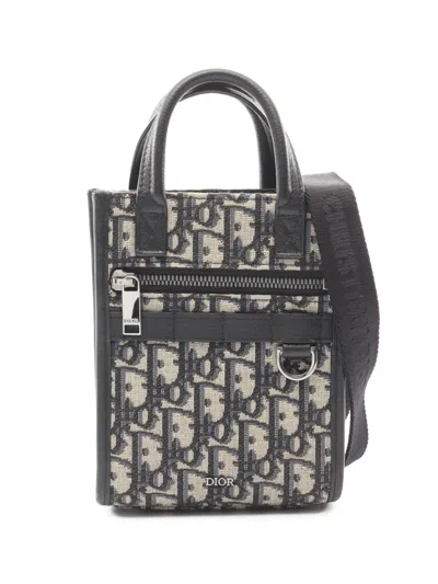 Pre-owned Dior 2010-2026 Mini Oblique Canvas Safari North-south Tote Satchel In Blue