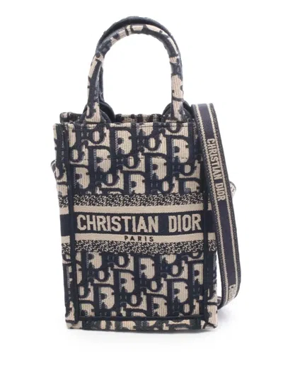 Pre-owned Dior 2010-2026 Mini Oblique Vertical Book Tote Satchel In Blue
