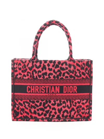 Pre-owned Dior 2010-2026 Mizza Medium Embroidered Canvas Leopard Book Tote Bag In Red