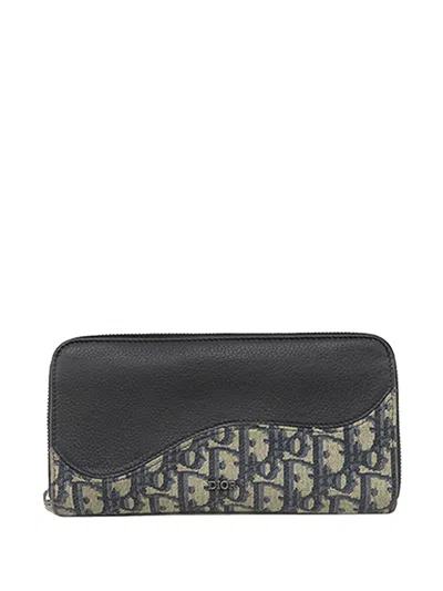 Pre-owned Dior 2010-2026 Oblique Canvas And Leather Saddle Zippy Wallet Long Wallets In Black