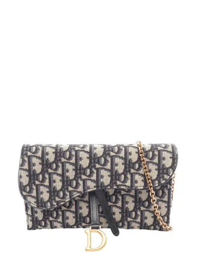 Pre-owned Dior 2010-2026 Oblique Canvas Saddle Pouch Wallet On Chain Crossbody Bag In Blue