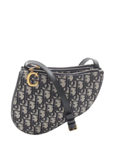 Pre-owned Dior 2010-2026 Oblique Canvas Saddle Triple Zip Crossbody Bag In Blue