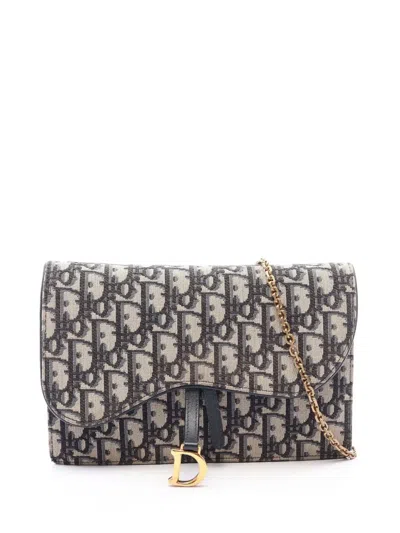 Pre-owned Dior 2010-2026 Oblique Canvas Saddle Wallet On Chain Crossbody Bag In Blue