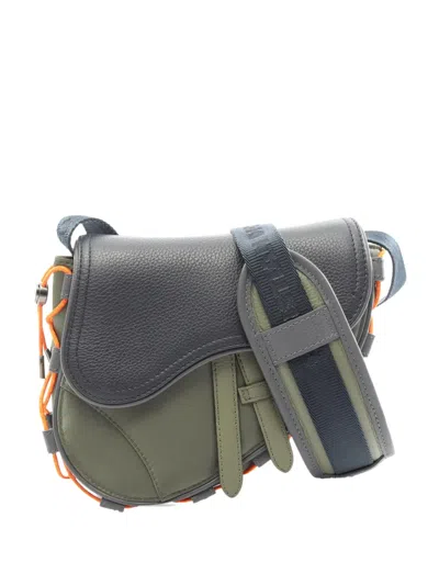 Pre-owned Dior 2010-2026 Sacai Technical Fabric And Grained Calfskin Saddle Bag Crossbody Bag In Green