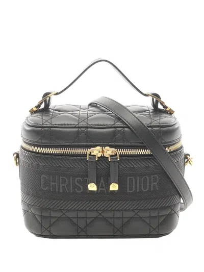 Pre-owned Dior 2010-2026 Small Lambskin Cannage Travel Vanity Case Satchel In Black