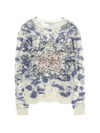 Pre-owned Dior 2010s Around The World Embroidered Sweater In White