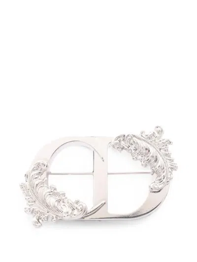 Pre-owned Dior 2010s Cd Logo Feather Brooch In Silver
