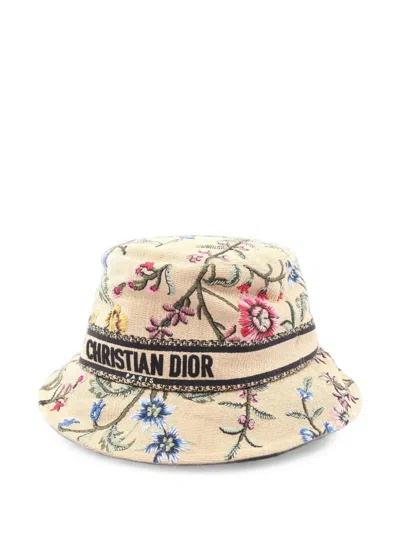 Pre-owned Dior 2010s D-bobby Floral-embroidered Bucket Hat In Neutrals