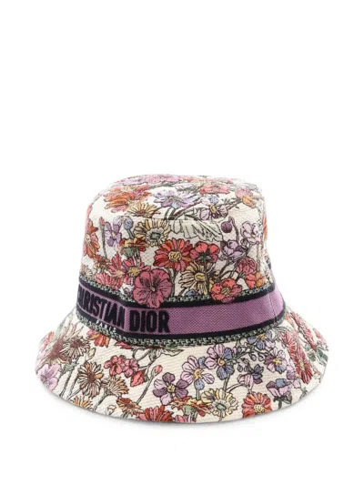 Pre-owned Dior 2010s D-bobby Floral-embroidered Bucket Hat In Neutrals