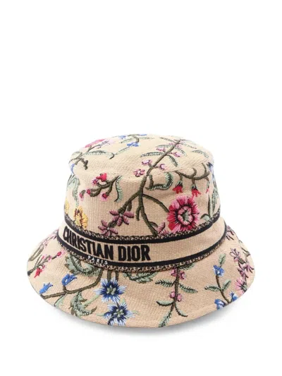 Pre-owned Dior 2010s D-bobby Flower-embroidered Bucket Hat In Neutrals