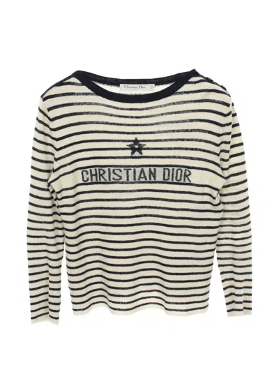Pre-owned Dior 2010s Iviera Striped Long-sleeve Knitted Linen T-shirt In Neutrals