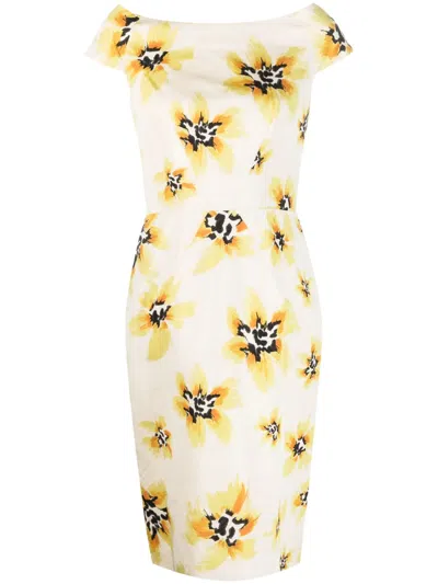Pre-owned Dior 2010s Floral Boat Neck Silk Dress In Neutrals
