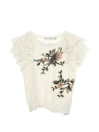 Pre-owned Dior 2010s Floral-embroidered Ruffled T-shirt In White