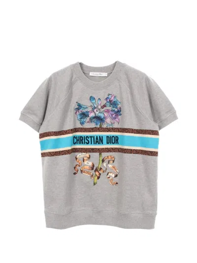 Pre-owned Dior 2010s Flower-embroidered Short-sleeve Top In Grey