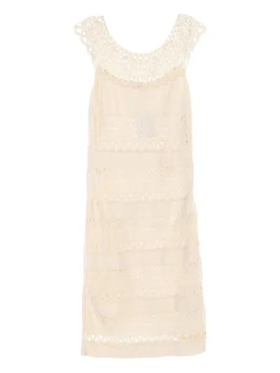 Pre-owned Dior 2010s Lace-panel Midi Dress In Neutrals