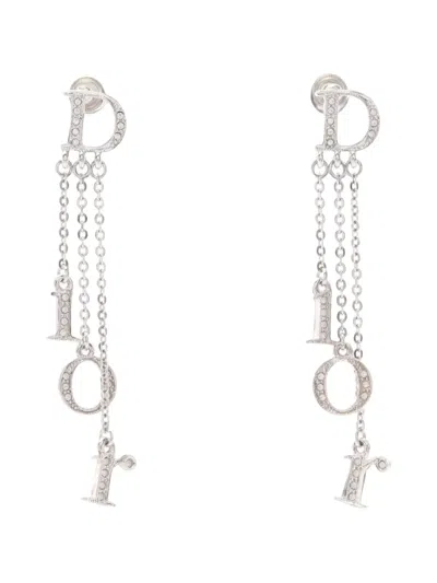 Pre-owned Dior 2010s Logo Rhinestone Drop Earrings In Silver