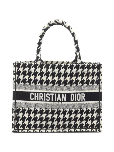 Pre-owned Dior 2010s Medium Book Tote Houndstooth Tote Bag In Black