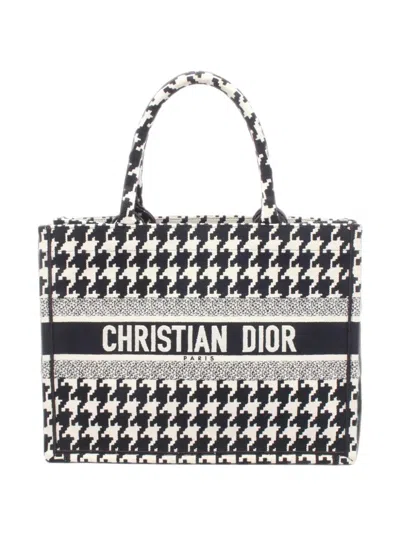 Dior 2010s Medium Book Tote Houndstooth Tote Bag In Black