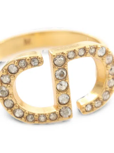 Pre-owned Dior 2010s Petit Cd Rhinestone-embellished Ring In Gold
