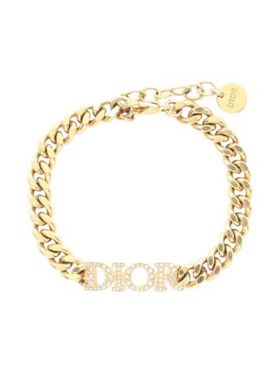 Pre-owned Dior 2010s Rhinestone Logo-detail Bracelet In Gold