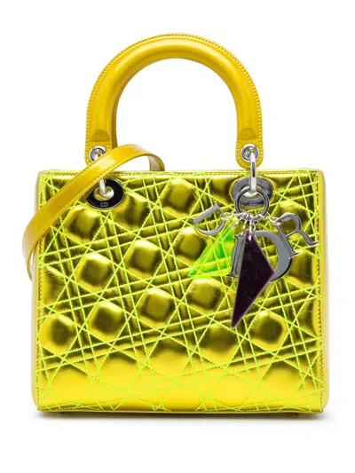 Pre-owned Dior 2011 Anselm Reyle Medium Metallic Lambskin Cannage Lady  Satchel In Yellow