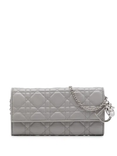Pre-owned Dior 2011 Lambskin Cannage Lady  Wallet On Chain Crossbody Bag In Grey