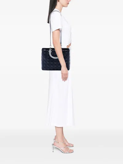 Pre-owned Dior 2011 Large Lambskin Cannage Lady  Satchel In Blue