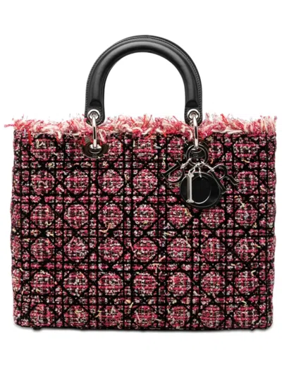 Pre-owned Dior 2011 Large Tweed Cannage Fringe Lady  Satchel In Pink