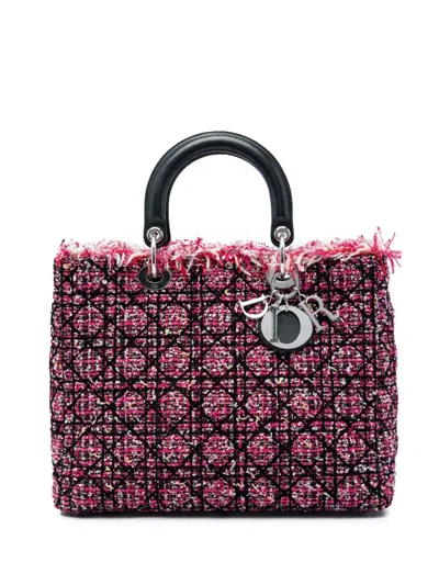 Pre-owned Dior 2011 Large Tweed Cannage Fringe Lady  Satchel In Pink