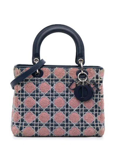 Pre-owned Dior 2011 Medium Lambskin And Tweed Cannage Lady  Satchel In Blue
