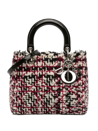 Pre-owned Dior 2011 Medium Tweed Cannage Fringe Lady  Satchel In Black