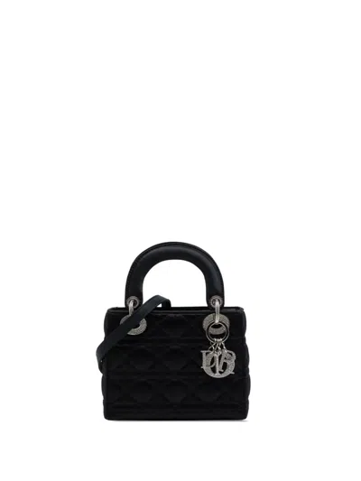 Pre-owned Dior 2011 Mini Satin Cannage Swarovski Crystal Lady  Satchel In Black
