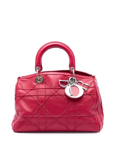 Pre-owned Dior 2012 Lambskin Cannage Polochon Granville Satchel In Red