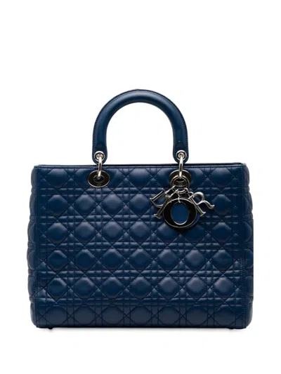 Pre-owned Dior 2012 Large Lambskin Cannage Lady  Satchel In Blue