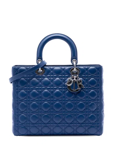 Pre-owned Dior 2012 Large Lambskin Cannage Lady  Satchel In Blue
