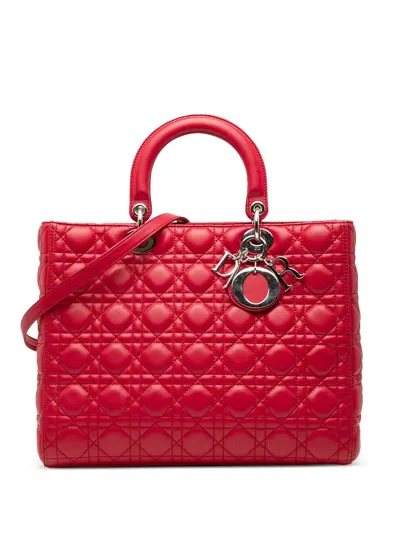 Pre-owned Dior 2012 Large Lambskin Cannage Lady  Satchel In Red