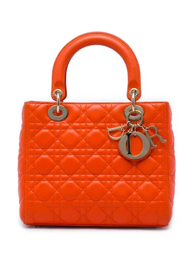 Pre-owned Dior 2012 Medium Lambskin Cannage Lady  Satchel In Orange