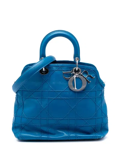 Pre-owned Dior 2012 Medium Lambskin Cannage Polochon Granville Satchel In Blue
