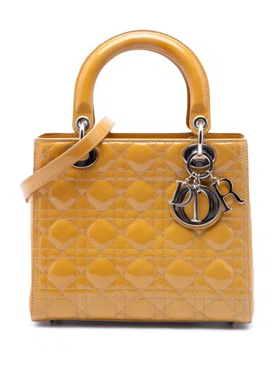 Pre-owned Dior 2012 Medium Patent Cannage Lady  Satchel In Yellow