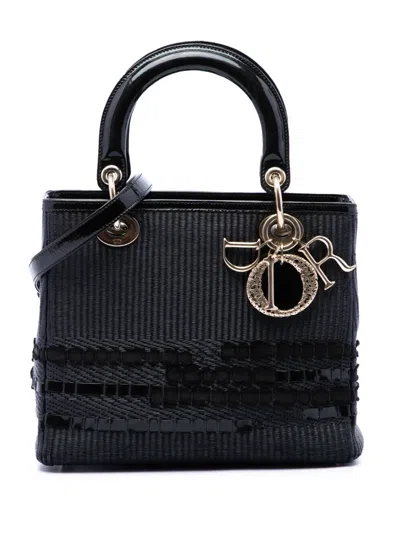 Pre-owned Dior 2012 Medium Patent Trimmed Woven Canvas Lady  Satchel In Black