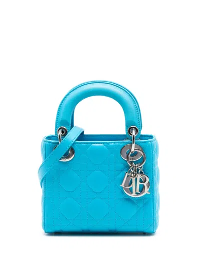 Pre-owned Dior 2012 Mini Lambskin Cannage Lady  Satchel In Blue
