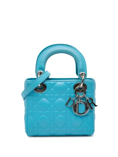 Pre-owned Dior 2012 Mini Lambskin Cannage Lady  Satchel In Blue