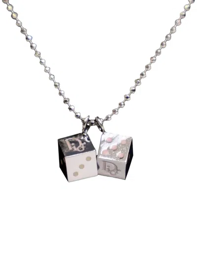 Pre-owned Dior 2013-2025 Palladium Plated Enamel Dice Logo Pendant Necklace Costume Necklace