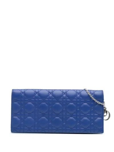 Pre-owned Dior 2013 Lambskin Cannage Lady  Wallet On Chain Crossbody Bag In Blue
